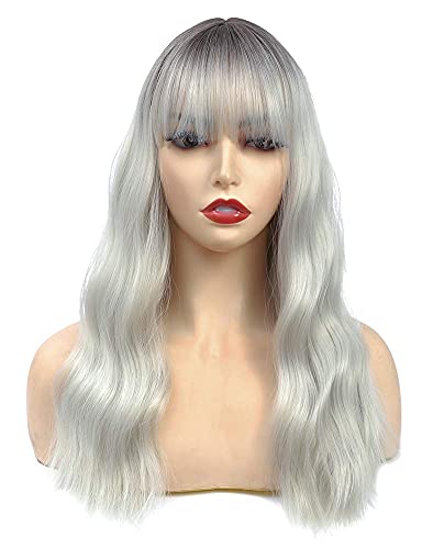 Ombre Gray Wigs for Women Wigs with Bangs Medium Long Wavy Curly Wigs Natural Synthetic Hair Wigs for Daily Party 18 inch
