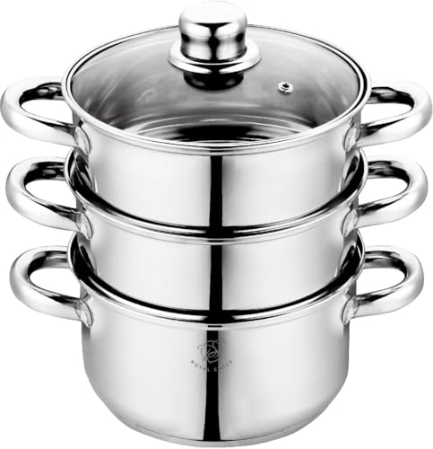 Royal Swiss Combiné Vapeur 3 Corps en acier inoxydable - Poignées Fixes - Cuisson saine et respectueuse des vitamines - Pour induction, gaz et électrique -...