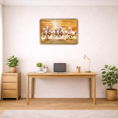Image of XOPY Seven Running Horses with Golden Frame | Vastu 7 horses Raw Pyrite Painting for Home, Office & Living Room Wall Decore | 12X18 Inch Sparkle Laminated Frame | Best For Gifting (3056, 12X18)