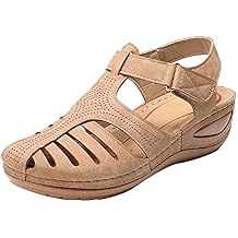 Comfortable Sandals for Women Wedges Soft Leather Hollow Closed Toe Hook and Loop Vintage Sandals Summer Casual Outdoor Ladies Beach Shoes