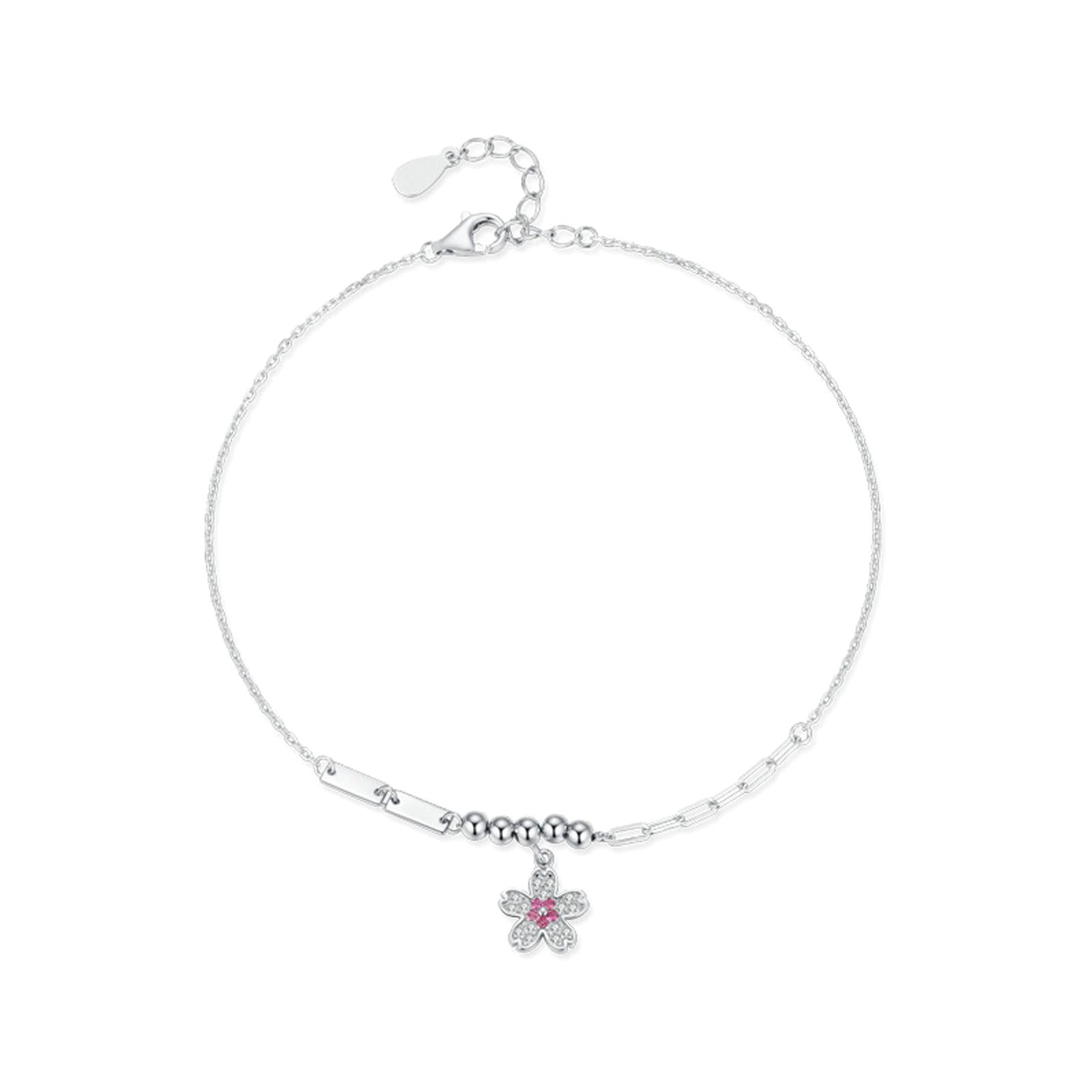 Pulsera de oro blanco Au 375/585/750 para mujer, joyas auténticas, flores para mujer, pulseras con rosa de zafiro rosa, pulseras con diamante de 9 K/14 K/18 K oro blanco