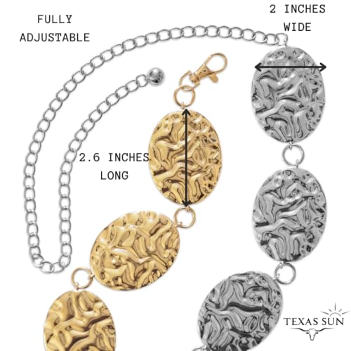 Western Concho Chain Belt– Hammered Metal Cowgirl Waist Belt– Adjustable Boho Western for Country Concert Outfits4