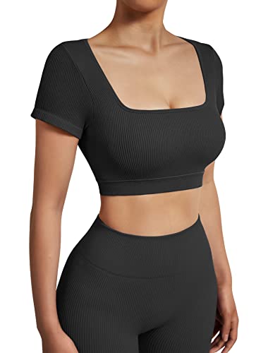 Omkagi Women Backless Workout Tops Padded Gym Shirts Short Sleeve Open Back Crop Top(M,D01-Black) #TOP3