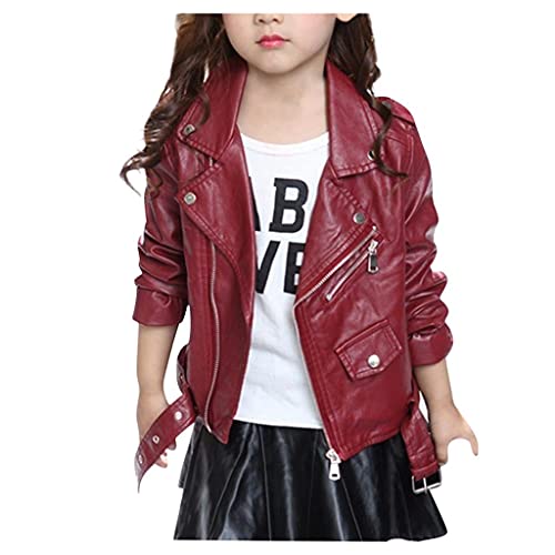 Lingery Baby Kids Leather Jacket, Long Sleeved Zipper Lapel Leather Coat Short Jacket Toddler Baby Girls Clothes Soft PU 12-13 Years