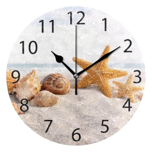 ABLINK Seashells on Ocean Beach Round Wall Clock, Silent Non Ticking Oil Painting Home Office School Decorative Clock Art