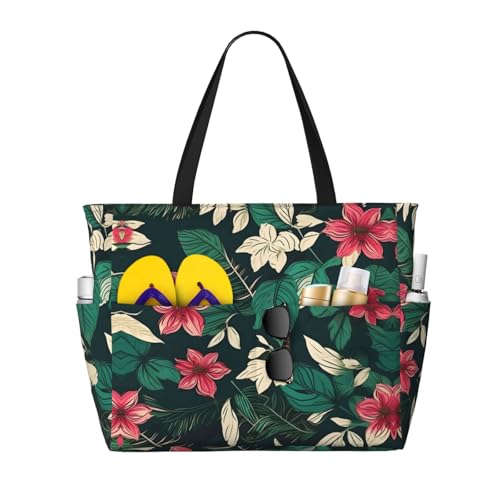 Flower Leaf Large Beach Tote Bag Women Beach Tote Bag For Pool Gym Grocery Travel With Multiple Pocket