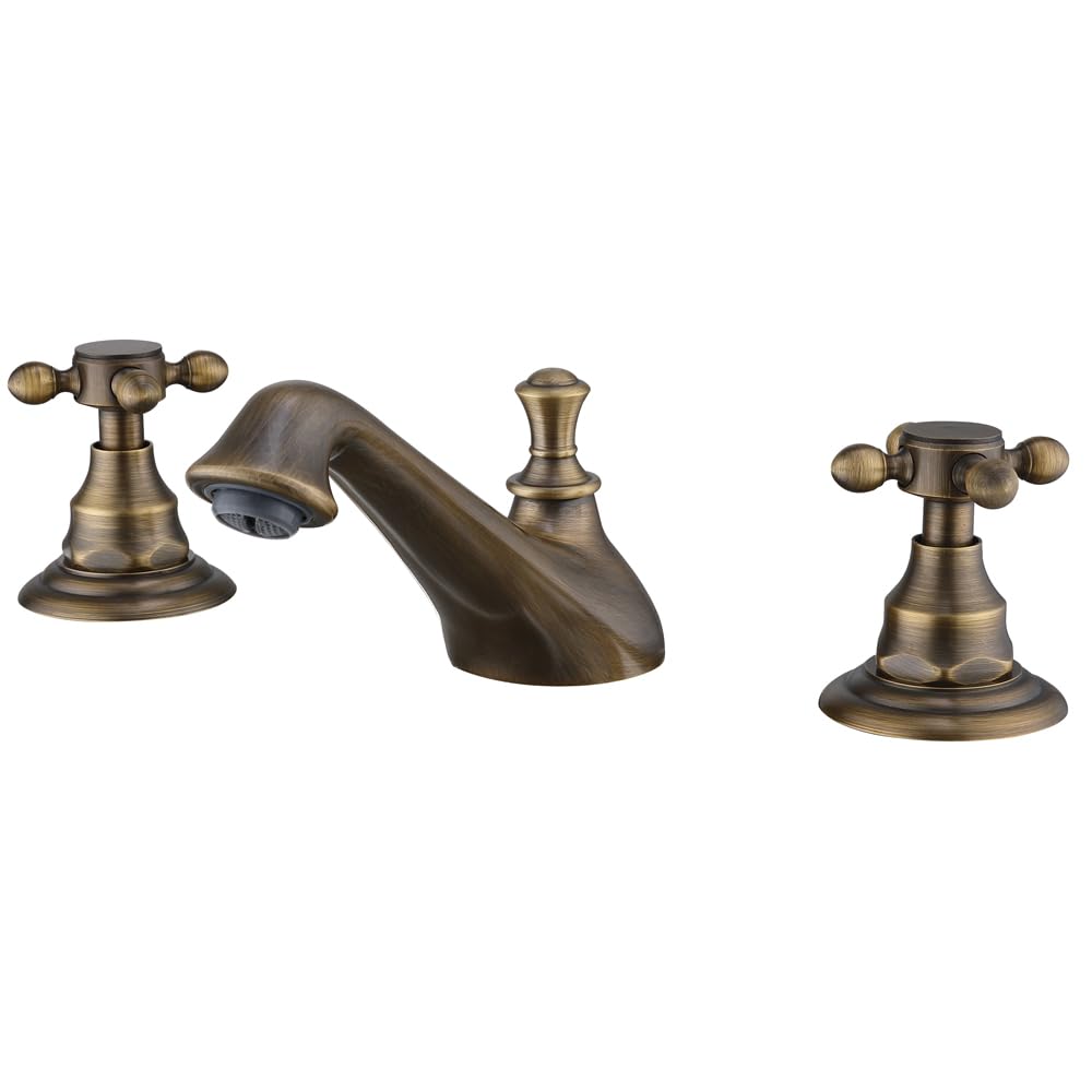 Weirun Antique Brass 3 Holes Vintage Double Cross Handle Basin Mixer Tap Widespread Bathroom Sink Bathtub Tap Deck Mounted,8 Inch 2 Handles 3 Holes Bath Tub Taps