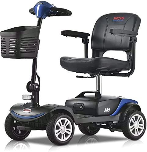 Folding Powered Mobility Scooters for Seniors Adults, 4 Wheel Compact Mobile Scooter for Travel - Long Range Power Extended Battery w/Charger and Basket (M1 Blue)