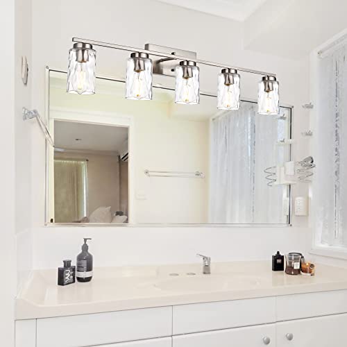 Image of Vanity Lights for Bathroom 5 Light Sconces Vanity Light Fixture Modern Brushed Nickel Wall Mount Lighting with Clear Hammered Shade,Wall Lights for Bathroom Living Room Makeup Dressing Table