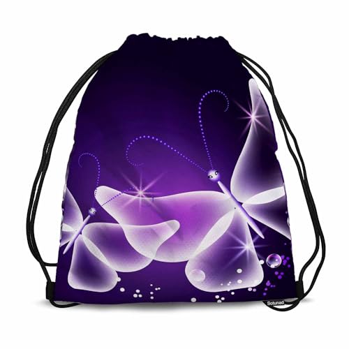 Two Butterfly Big Small Bubbles Bright Star Purple Background Drawstring Backpack Gym Backpack Draw String Shoe Swim Back Bag for Women Men 14x16.9 Inch