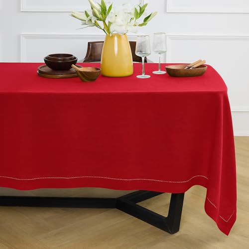 Solino Home Linen Red Tablecloth 70 x 108 Inch - Sonoma Hemstitch, 100% Pure Linen Rectangular Tablecloth - Machine Washable Table Cloth for Christmas, Holiday, Winter