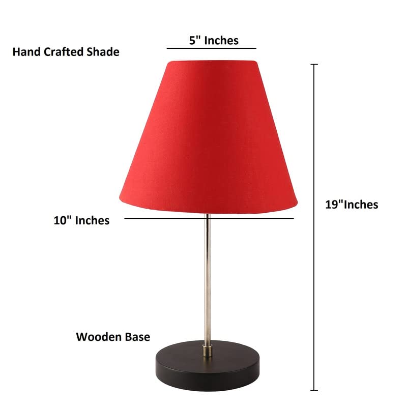 Image of Silver Table Lamp with Handmade Conical Red Shade, Minimalist Design, for Couple Dinner /Coffee Table /Restaurant /Bedroom, On /Off Switch Long Wire