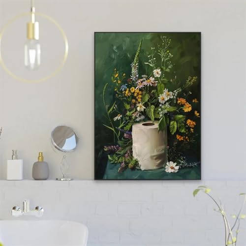 Toile botanique fleurs sauvages pour salle de bain | Art floral rétro vert foncé XINBAO 50x70