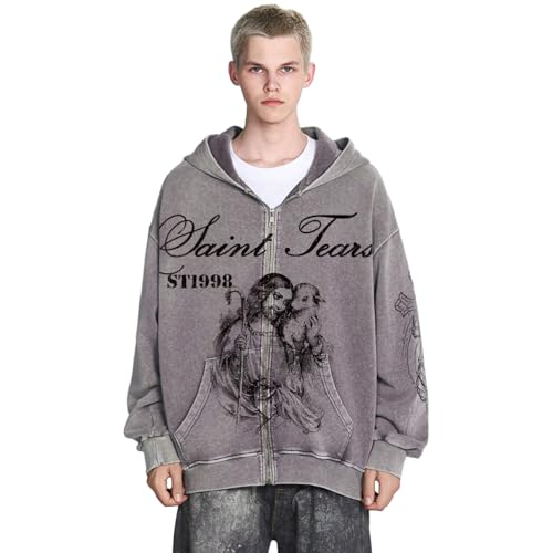 Image of Chainsaw Man Mens Streetwear Zip Up Hoodie Saint Graphic Long Sleeve Jacket with Pockets Casual Letter Print Sweatshirt