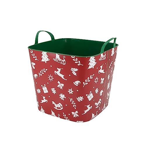 SP Berner - Cesta Leña con Decoracion Navidad | Capazo Plastico Multiusos con Adornos Navideños - Diseño Motivos Navidad - 25 L