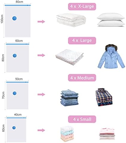 Vacuum Storage Bags for Clothes, Vaccum Bags 16 Pack 4 Jumbo 100x80cm + 4 Large 80x60cm + 4 Medium 70x50xm + 4 Small 60x40cm , Reusable Vacuum Pack Bags with Pump