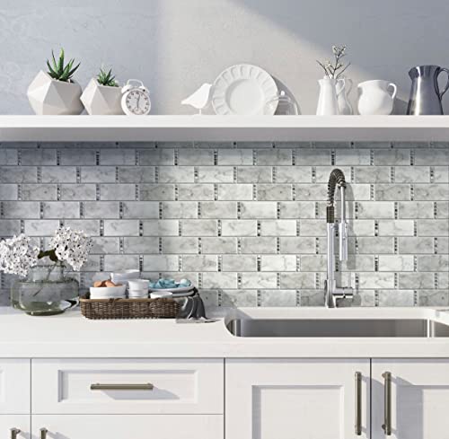 White Subway with Dot Bianco Carrara, Bardiglio Nuvolato Marble Mosaic Tile (5.28 Sq ft- Box of 5 Sheets) - Thumbnail 2