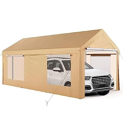 Eillion 10'x 20' Carport, Heavy Duty Canopy Tent with 4 Ventilated Windows, Portable Garage with Removable Sidewalls & Doors Perfect for Car, Truck, Boat