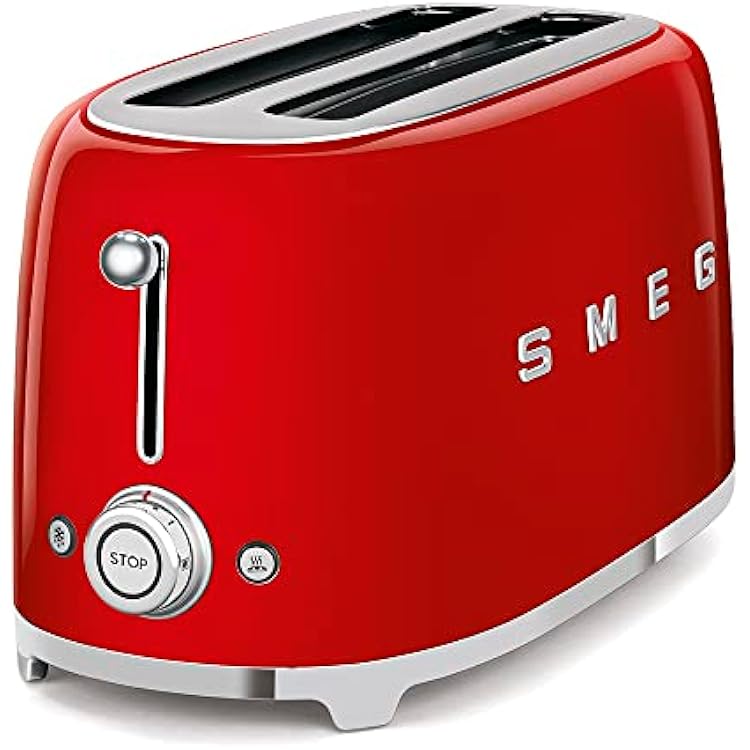 Smeg 50s Style Retro Aesthetic 4 Slice Toaster 6 Presets with 2 Extra Wide Slots, Red