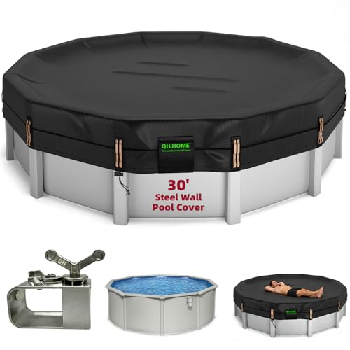 QH.HOME 550D 30 ft Pool Covers for Above Ground Pools[Upgraded Tear-Proof & Threefold Windproof] wth Pre-Installed Winch and Rope Durable 4.5 Foot Overlap & Extra-Thick Designed for Steel WALL Pools