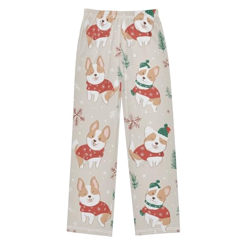 Corgi Dog Pine Branches Boys Long Pants Soft Trousers Elastic Waist Kids Lounge Bottoms with Pockets S-XL