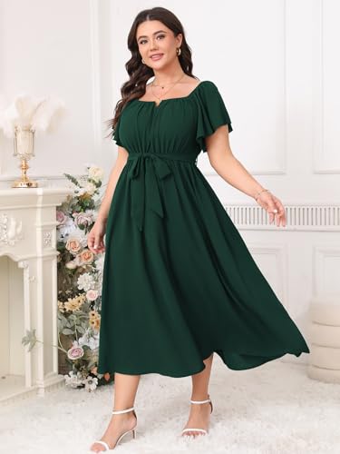 Image of SCOMCHIC Women Plus Size Maxi Dress Off The Shoulder Bridesmaid Formal Wedding Guest Belted Flowy A Line Long Dresses