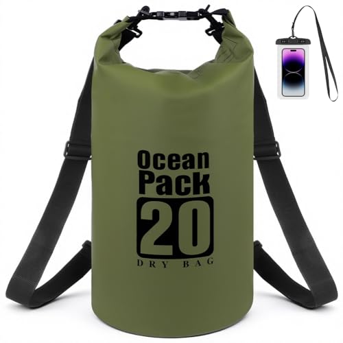 URAQT Sac a Dos Etanche, 20L Impermeable Sac Etanche Nautique Dry Bag PVC Hommes Femmes avec étui étanche Ipx8 avec Sangle Réglable pour Canoeing Camping Piscine Rafting Pêche Surf（Vert Militaire）