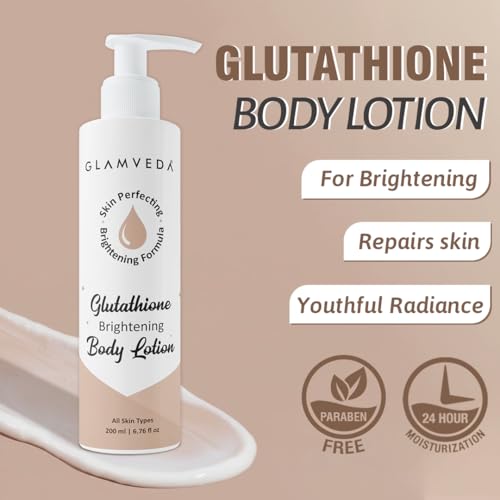 Image of Glamveda Glutathione Body Lotion Moisturizer 200ml | 24hr Deep Moisturization for Dry Skin | Skin Brightening | Non Greasy, Lightweight Hydrating Moisture for Glowing, Repairs & Softens Skin | All Skin Type