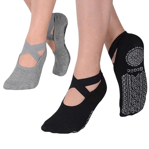 Roinaid Yoga Socken 2 Paar Pilates Socken, Yoga-Socken Für Damen, Yogasocken Anti Rutsch Socken Damen, Antirutsch Socken Damen Yoga Socken Rutschfest für Yoga, Barre, Pilates, Tanz(Schwarz, Grau)