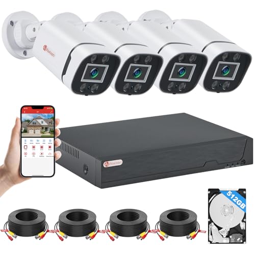 AIWIXEN 8CH H.265+ 3K Lite Wired CCTV Security Camera System with Human Vehicle Detection, 4X IP68 5MP Surveillance Camera for Indoor Outdoor, 512GB Hard Drive for 24-7 Recording, Remote Access
