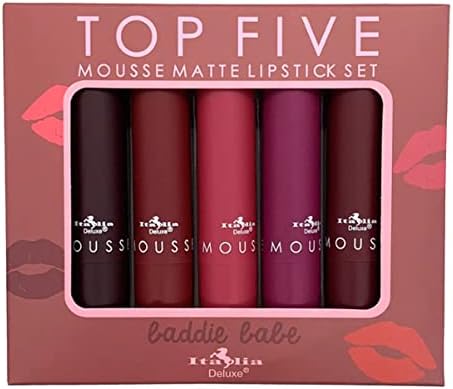 DEALPLUSDEAL Italia Deluxe Top Five Lipstick - Mousse Matte 5 Lipsticks Set Velvety Smooth Long Lasting Color Lip Makeup Baddie Babe