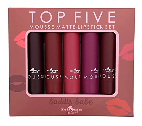 Dealplusdeal Italia Deluxe Top Five Lipstick - Mousse Matte 5 Lipsticks Set Velvety Smooth Long Lasting Color Lip Makeup Baddie Babe #TOP3