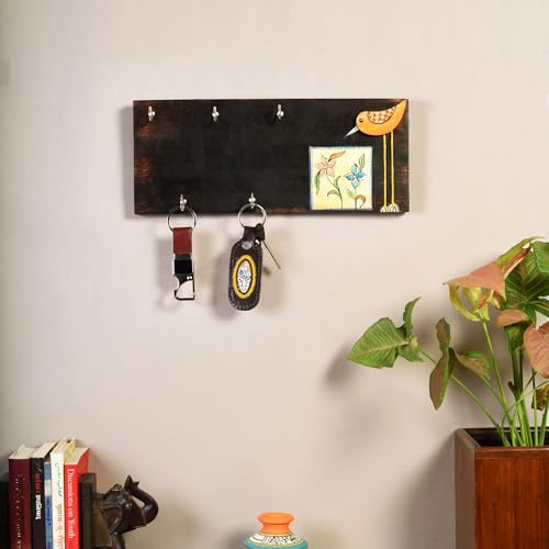 Image of AAKRITI ART CREATIONS Key Holder, Handcrafted Tribal Art Bird Theme Key Hanger | Rustic Mango Wood Wall Organizer with 5 Hooks | New Home Gifts | Multifunctional Entryway Decor