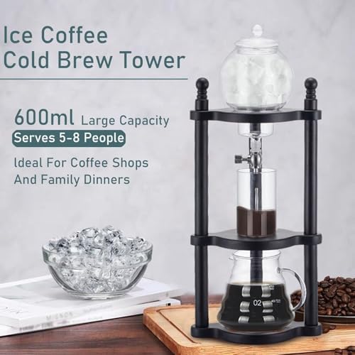 Cold Brew Drip Tower with Adjustable Water Flow,Premium Cold Brew Drip Tower, Iced Coffee Maker, 600ml Glass Dripper Pot, Stylish Wooden Design for Smooth Cold Brew Coffee at Home, Perfect f