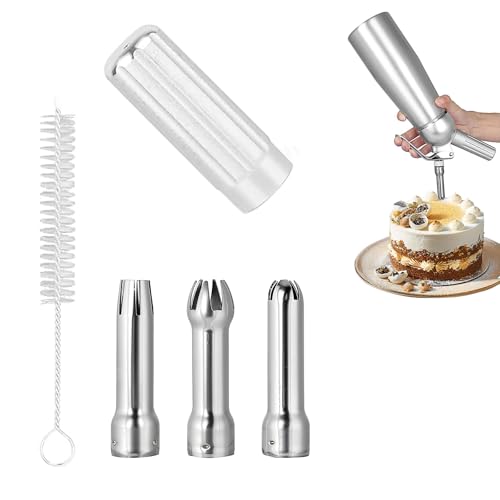 LNSYSNS 3 Piezas Boquillas Intercambiables, Sifone Cocina Boquilla para Máquinas de Nata Montada, Boquilla Acero Inoxidable Sifón con Tolva de Aluminio y Cepillo Fino