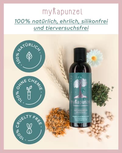 Foto von myRapunzel Volumen Shampoo Damen (200ml) - 100% Vegane Naturkosmetik - Bio Haarshampoo ohne Silikone, Sulfate & Parabene für mehr Volumen und Glanz