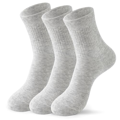 KUWUAZA Women Casual Calf Socks Womens Cute Cotton Crew Socks Cotton Cozy Casual Socks for Women 3 Pairs Light Grey