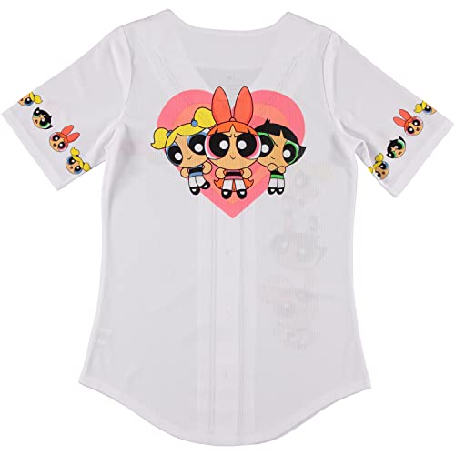 Powerpuff Girls Ladies Baseball Jersey - Powerpuff Mesh Button Down Baseball Jersey - Blossom Bubble And Buttercup Shirt (White Black, Large) #TOP1