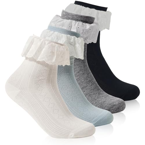 Snycler 4 Pairs Women Ruffle Ankle Socks,Adult Double Lace Turn Cuff Cotton Frilly Dress Socks Cute Bobby Sock with Ruffles