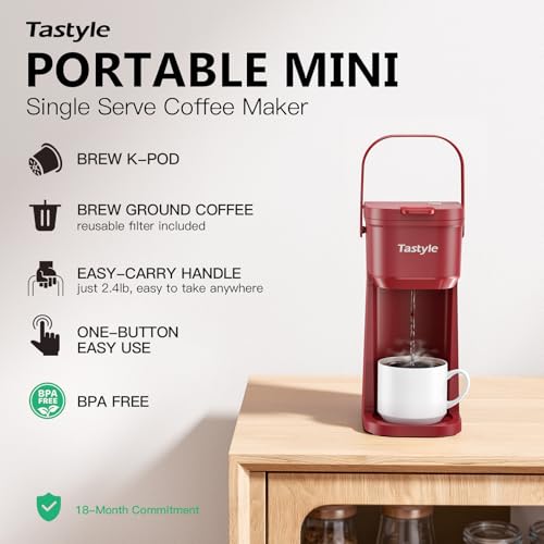 Image of Tastyle Single Serve One Cup Coffee Maker, for K Cups and Grounds, Mini Coffee Maker with Portable Handle, 6 to 12 Oz Brew Size, for Travel, Camping, Office, RV and Dorm, 120V, Vintage Red