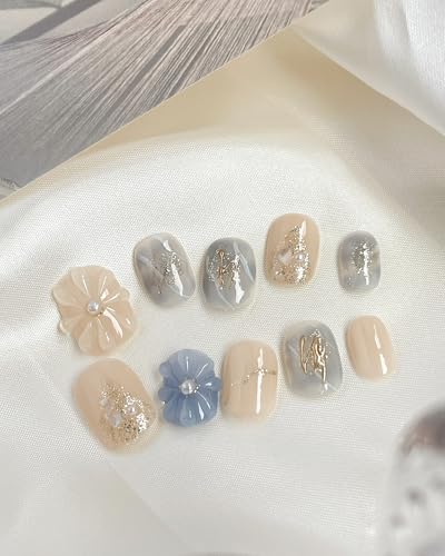 LemiVibe·「空花」ネイルチップ ショート 短め 青 水色 100%ハンドメイド 貼るだけネイル つけづめ つけ爪 人気 可愛い 韓国 ジェルネイル ネイルシール セルフネイル ネイルステッカー おうちネイル ネイルデザイン セルフネイル ネイルアート（Amazon）