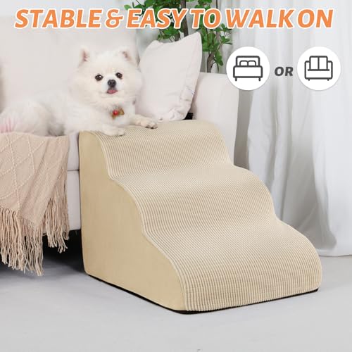 Image of Aodisman Dog Stairs for Small Dogs and Cats,3-Step Pet Ramp for Couch,Chair | 15.7 inch H Non-Slip Sturdy Dog Steps with Curved Ramp for Senior,Short-Legged Dogs,Puppy and Cats to Reach Sofa or Chair,Beige