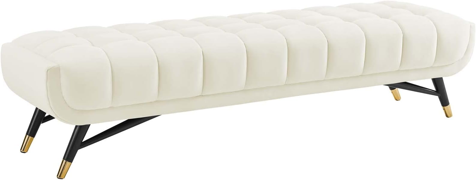 Adept Mid-Century Modern Velvet Upholstered Tufted Accent Bench in Ivory