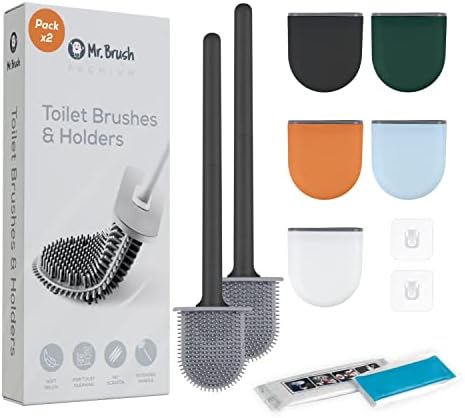 MrBrush Premium Toilet Brushes & Holders, 2 PACK, Wall-Mounted (without drilling holes), Deep Cleaner Silicone Toilet Brush with Flexible Bristles, Quick Drying Kit- Free Toilet Strip- Black