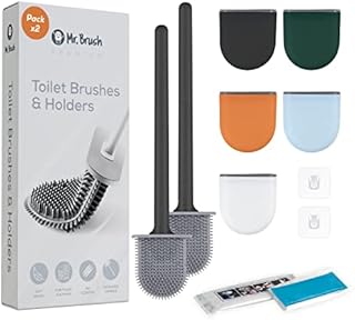 MrBrush Premium Toilet Brushes & Holders, 2 PACK, Wall-Mounted (without drilling holes), Deep Cleaner Silicone Toilet Brush with Flexible Bristles, Quick Drying Kit- Free Toilet Strip- Black