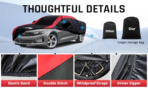 Image of Camaro Car Cover Waterproof All Weather with Red Strip Design, Custom Fit for Chevy Camaro 2010-2026, Accessory with Door Zipper & Windproof Straps