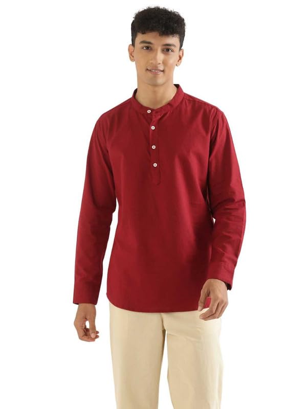 Image of SAADAA Men's Short Kurta - Linen Cotton Blend, Airy Fabric, Regular Fit, Mandarin Collar, Solid Color - Casual, Festive & Ethnic Wear