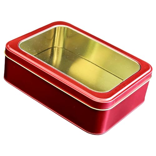 hadaaya Red Metal Tin Box with Clear Lid â€“ Multipurpose Storage Container for Cookies, Jewelry, Crafts, Pills, Gifts, Pencils & More â€“ Perfect for Home & Office â€“ 7.25 x 5.25 x 2.25 Inches
