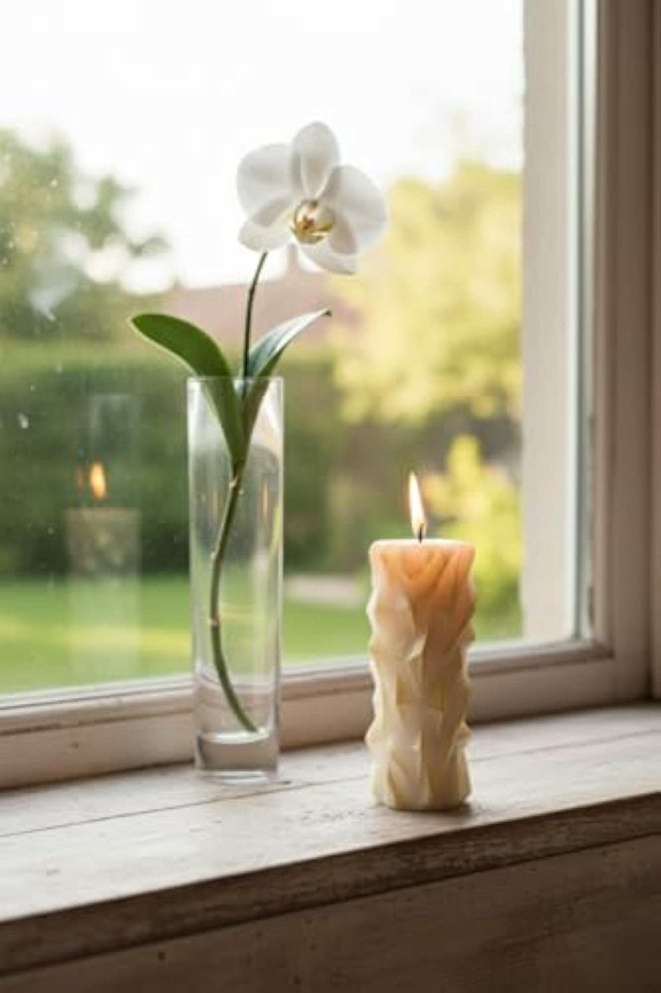 Geometric Textured Pillar Candle, Elegant Ivory Design