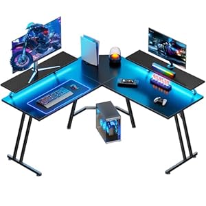 HLONONE Gaming Tisch mit LED, Gaming Schreibtisch L Form mit Monitorständer, Eckschreibtisch, Computertisch für Büro Arbeitszimmer Schlafzimmer, Gamer Tisch 130 x 130 cm, Schwarz
